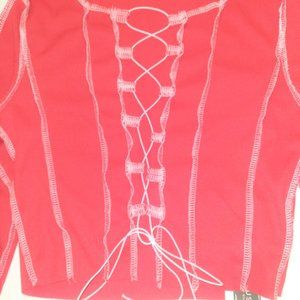 "'New" Blush-Mark Women's Red And White Lace Up Long Sleeve Top- Size Small